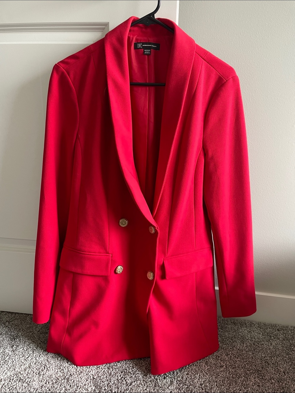 INC International Concepts Vibrant Red Double-Breasted Blazer with Gold Buttons
